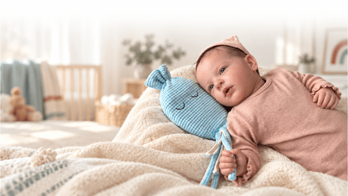 Een baby ligt op een zachte deken in een babykamer en knuffelt een lichtblauwe Noonaa.